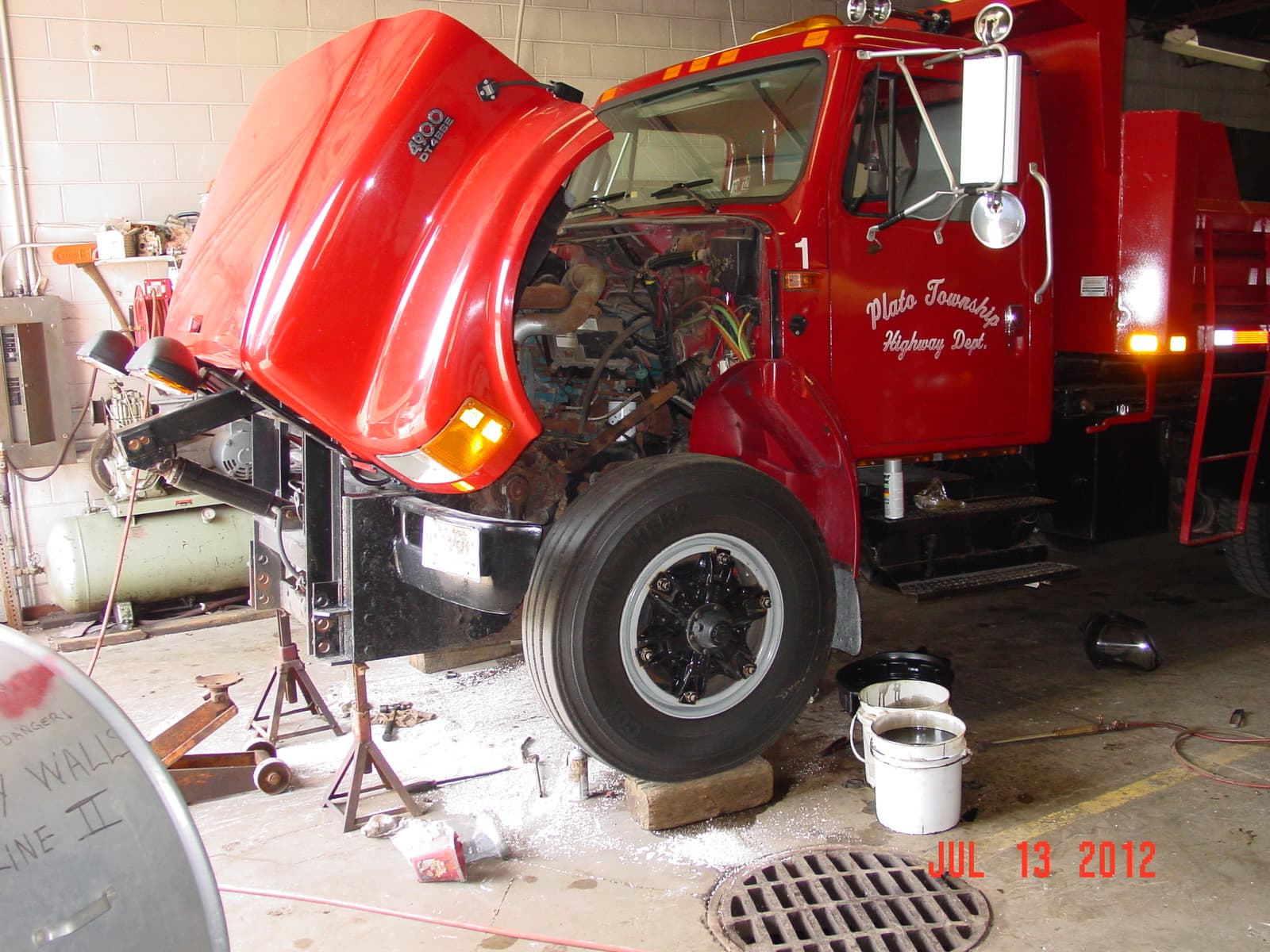 Plato Township Highway Department truck undergoing maintenance